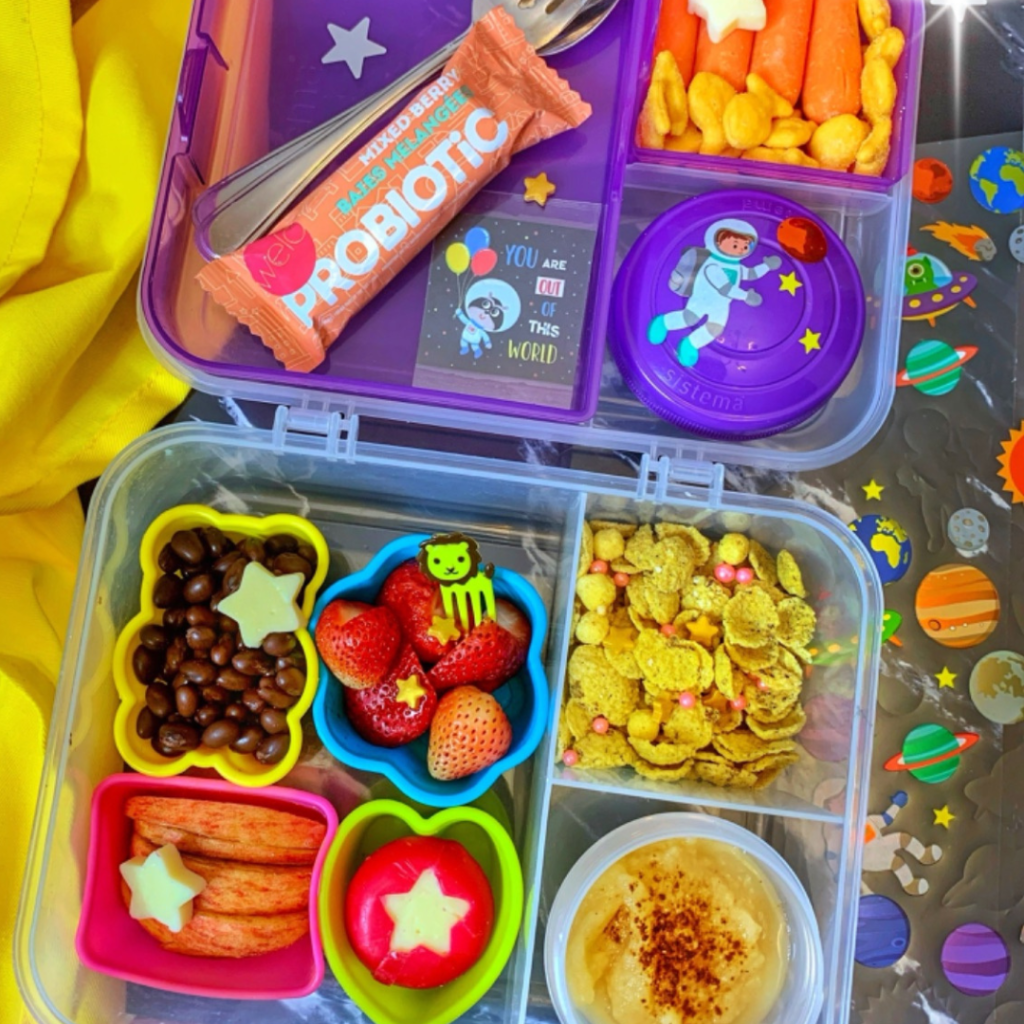 kids' lunch in a bento lunchbox with welo granola probiotic bar for snack
