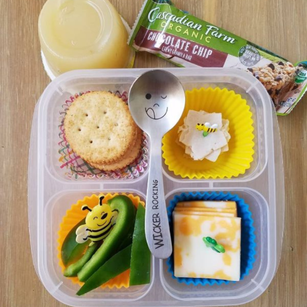 kids' lunch in a bento lunchbox with Cascadian Farm granola bar for snack