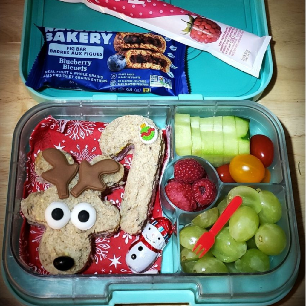 Christmas lunchbox kids' lunch in a bento lunchbox with Nature's Bakery granola bar for snack