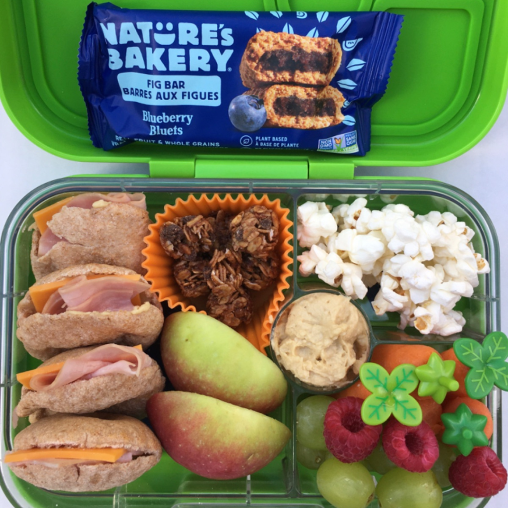 kids' lunch in a bento lunchbox with Nature's Bakery granola bar for snack