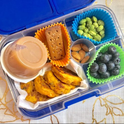 Sweet potato pancakes in kids lunchbox bento school lunch