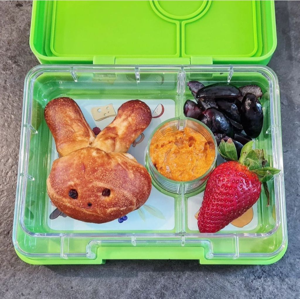 Easter bunny bretzel bread in a kid's bento lunchbox